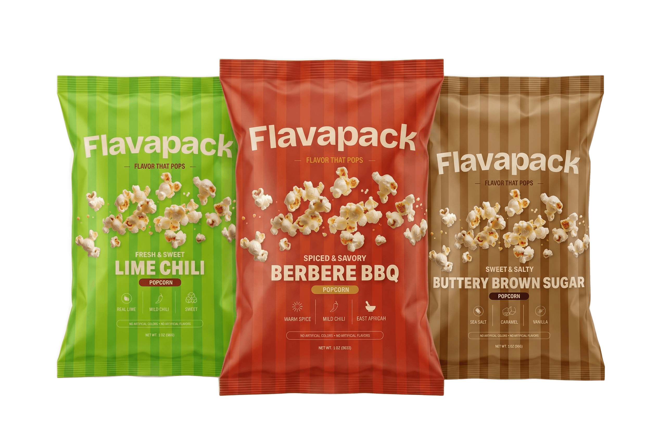 All three Flavapack popcorn pouches — Lime Chili, Berbere BBQ, Buttery Brown Sugar